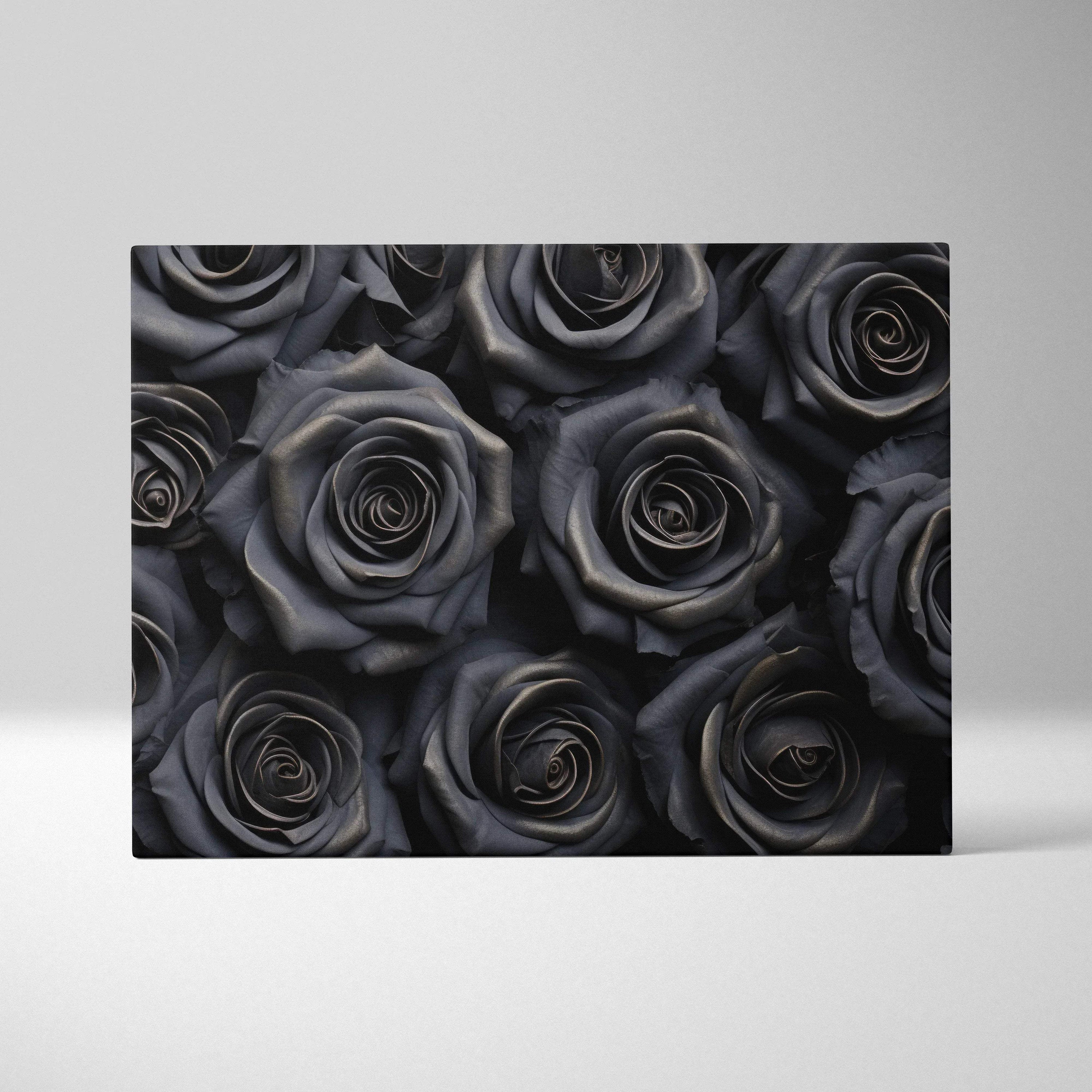 Black roses close-up floral design on rectangular canvas wall art print, matte finish.