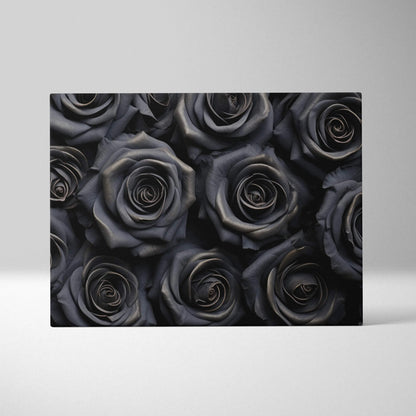 Black roses close-up floral design on rectangular canvas wall art print, matte finish.