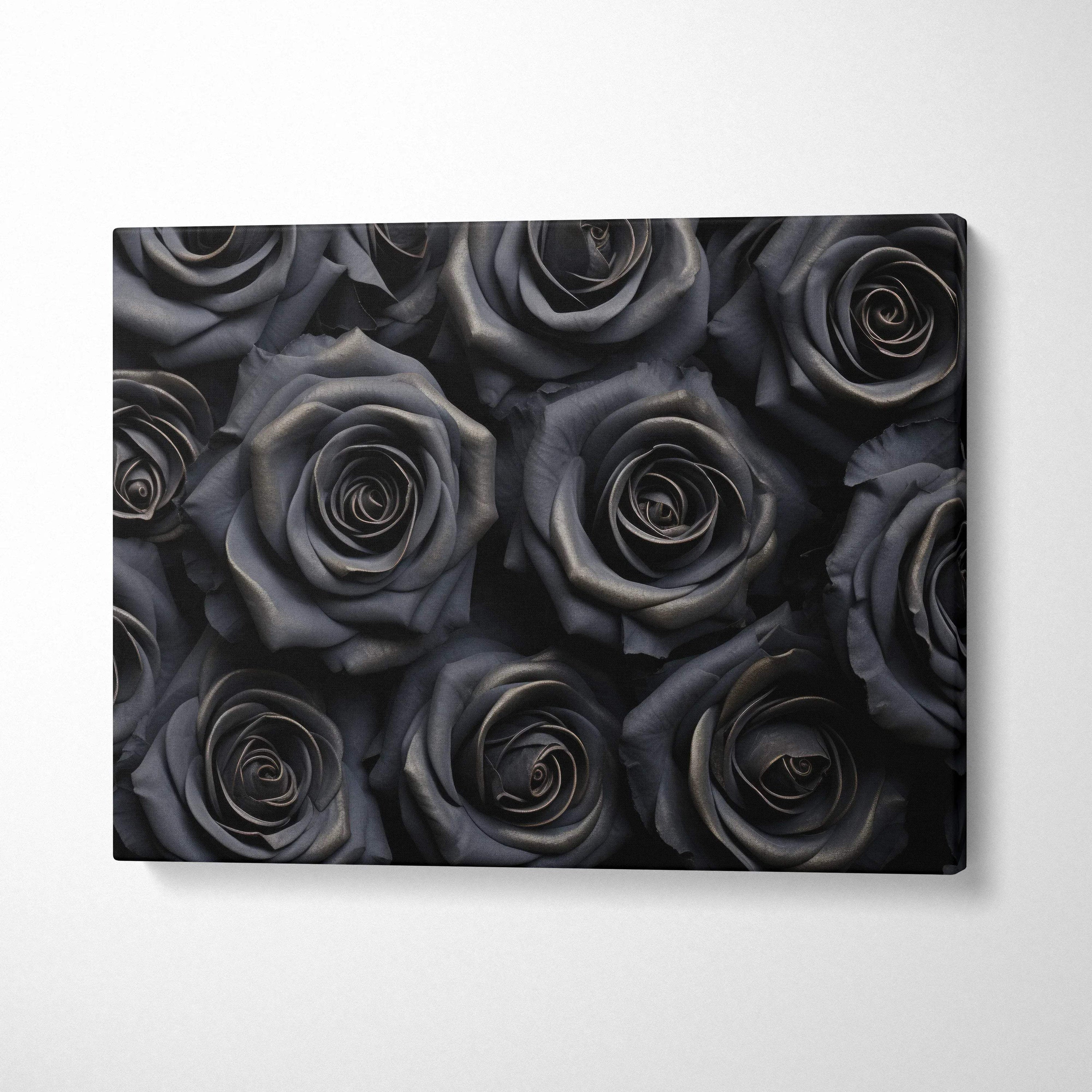 Black roses floral canvas wall art with dark, detailed petals for elegant home decor.