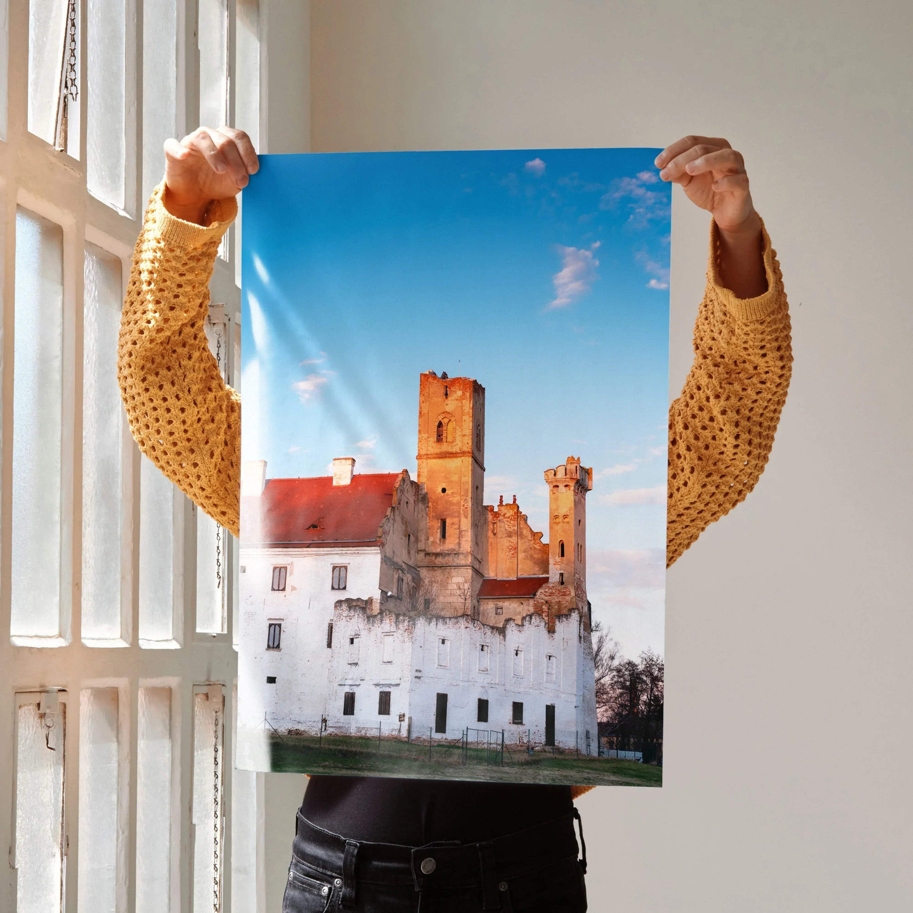 Vertical wall art poster featuring elegant castle building architecture against a blue sky.