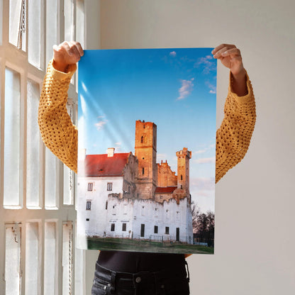 Vertical wall art poster featuring elegant castle building architecture against a blue sky.