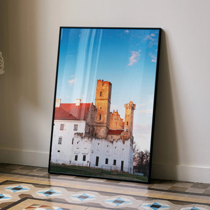 Elegant poster of historic building with tall stone towers against blue sky, vertical wall art.