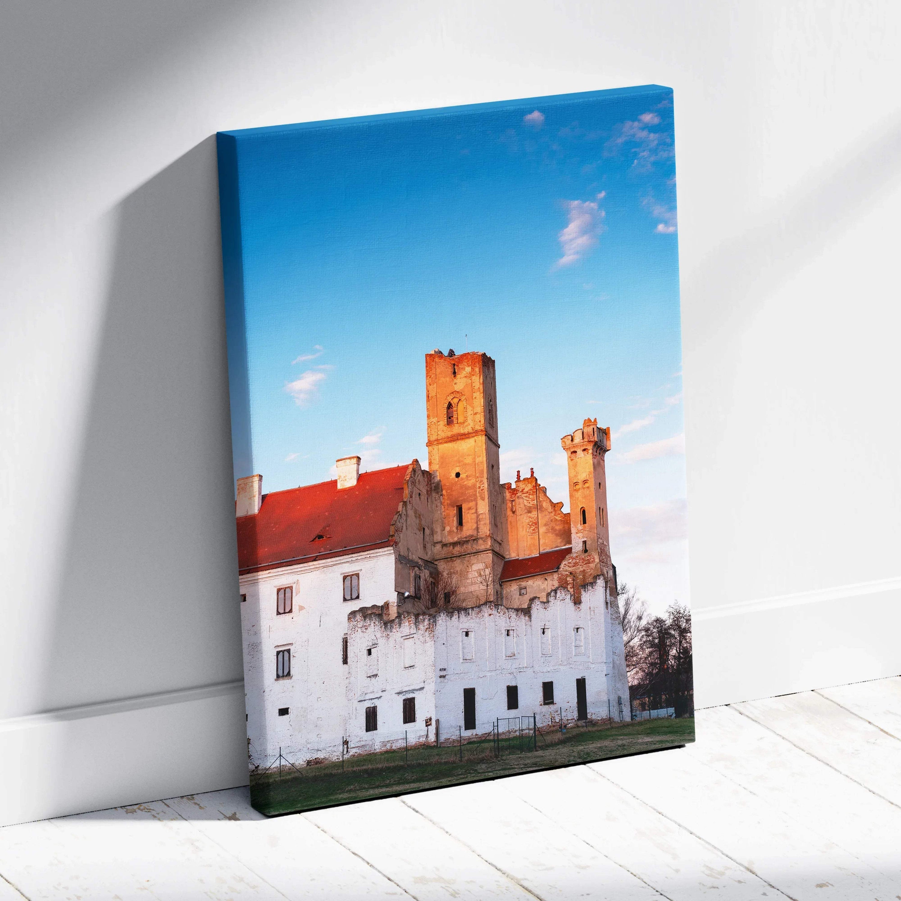 Canvas wall art featuring a historic white castle with red roofs under a blue sky.