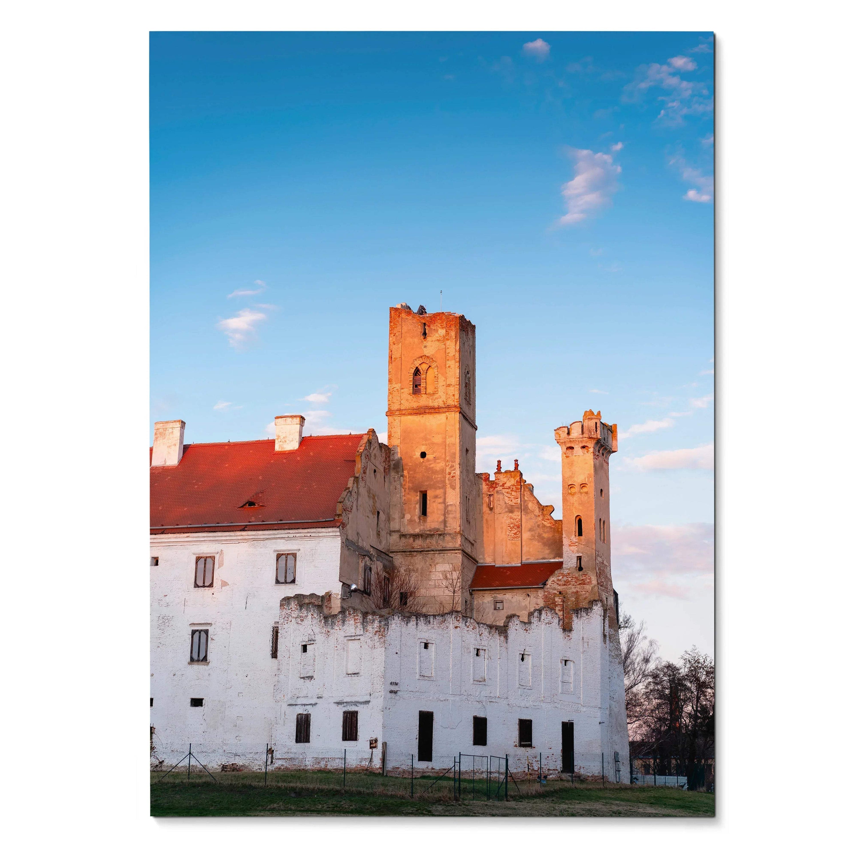 Vertical wall art poster featuring elegant historic building architecture with white walls and red-tiled roof under a clear.