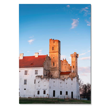 Vertical wall art poster featuring elegant historic building architecture with white walls and red-tiled roof under a clear.