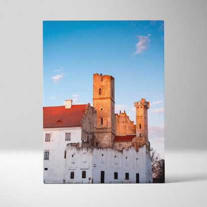 Canvas wall art featuring a historic white castle with red roof under a clear blue sky.