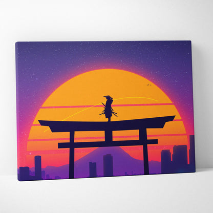 Retro synthwave samurai ninja on torii gate canvas with neon sunset