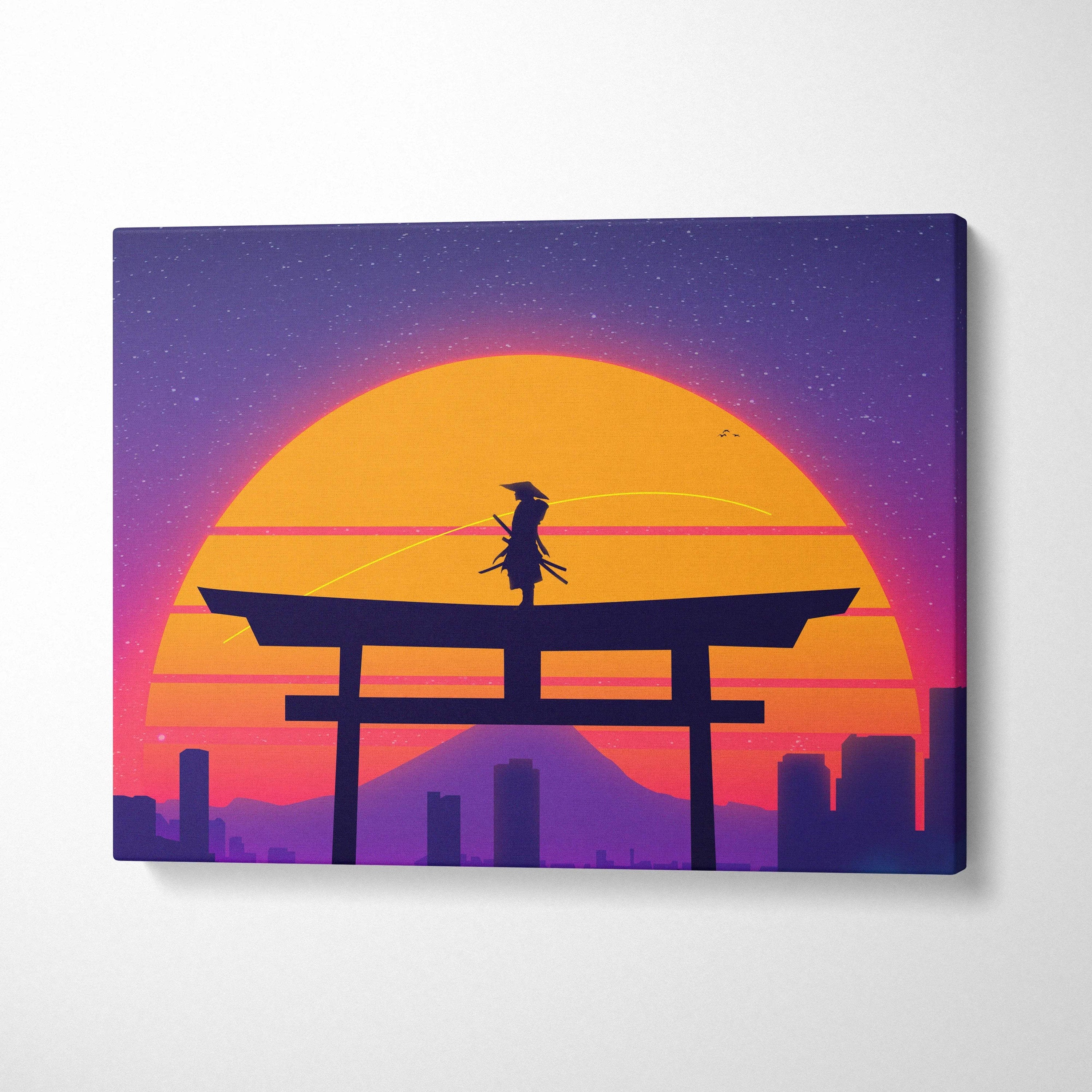 Vibrant retro synthwave samurai on torii gate canvas art with neon sunset