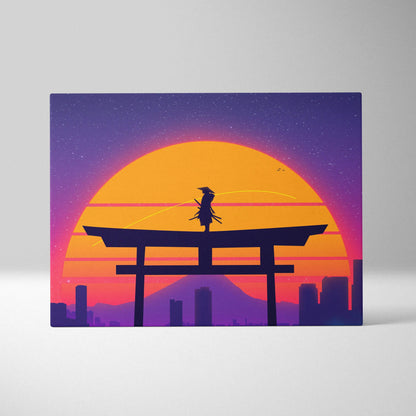 Vibrant retro synthwave samurai on torii gate canvas with neon sunset cityscape