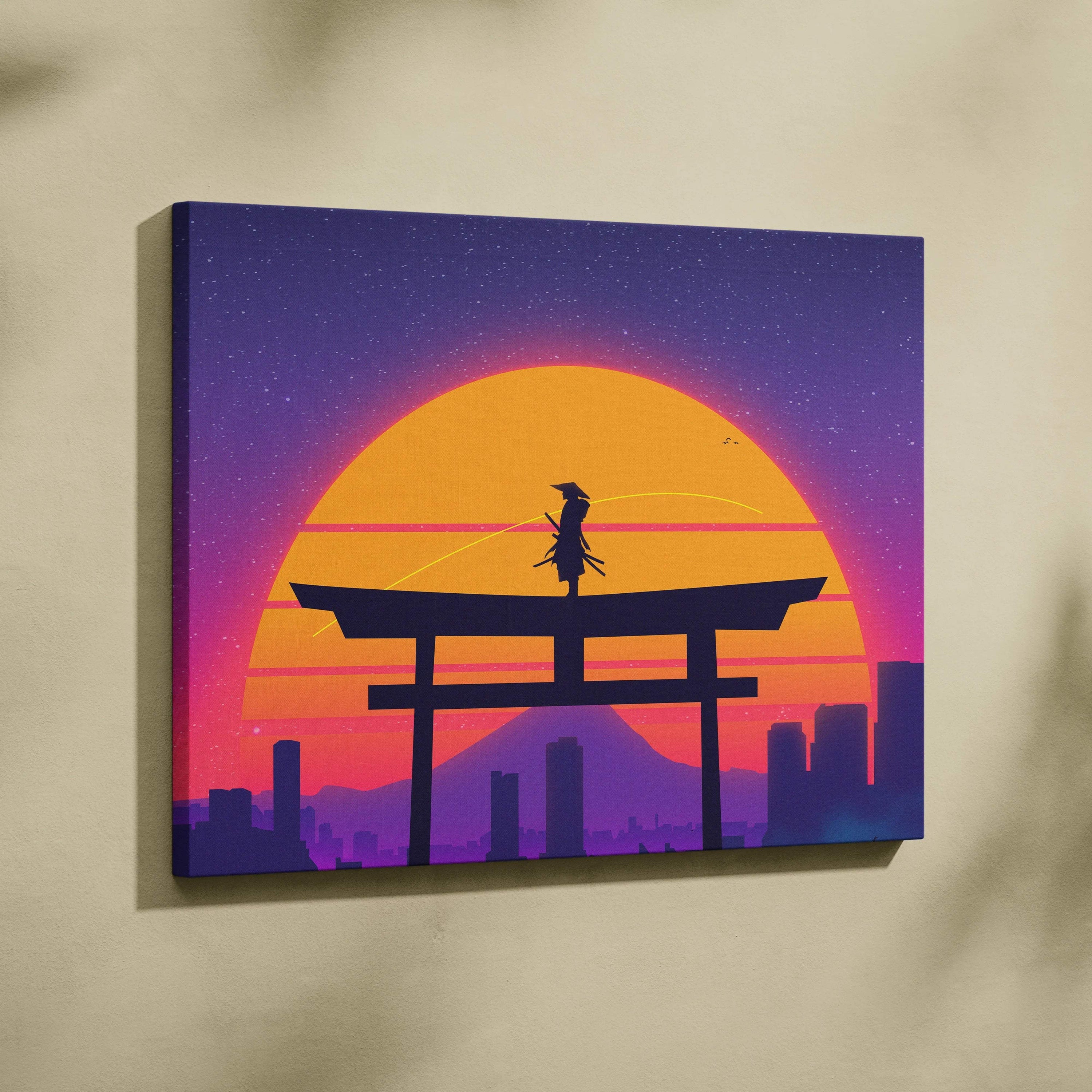Retro synthwave samurai on torii gate canvas wall art with neon sunset cityscape