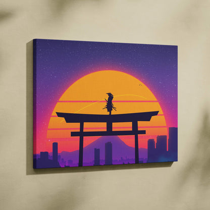 Retro synthwave samurai on torii gate canvas wall art with neon sunset cityscape
