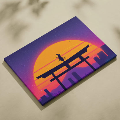 Vibrant retro synthwave samurai on torii gate canvas art with neon sunset
