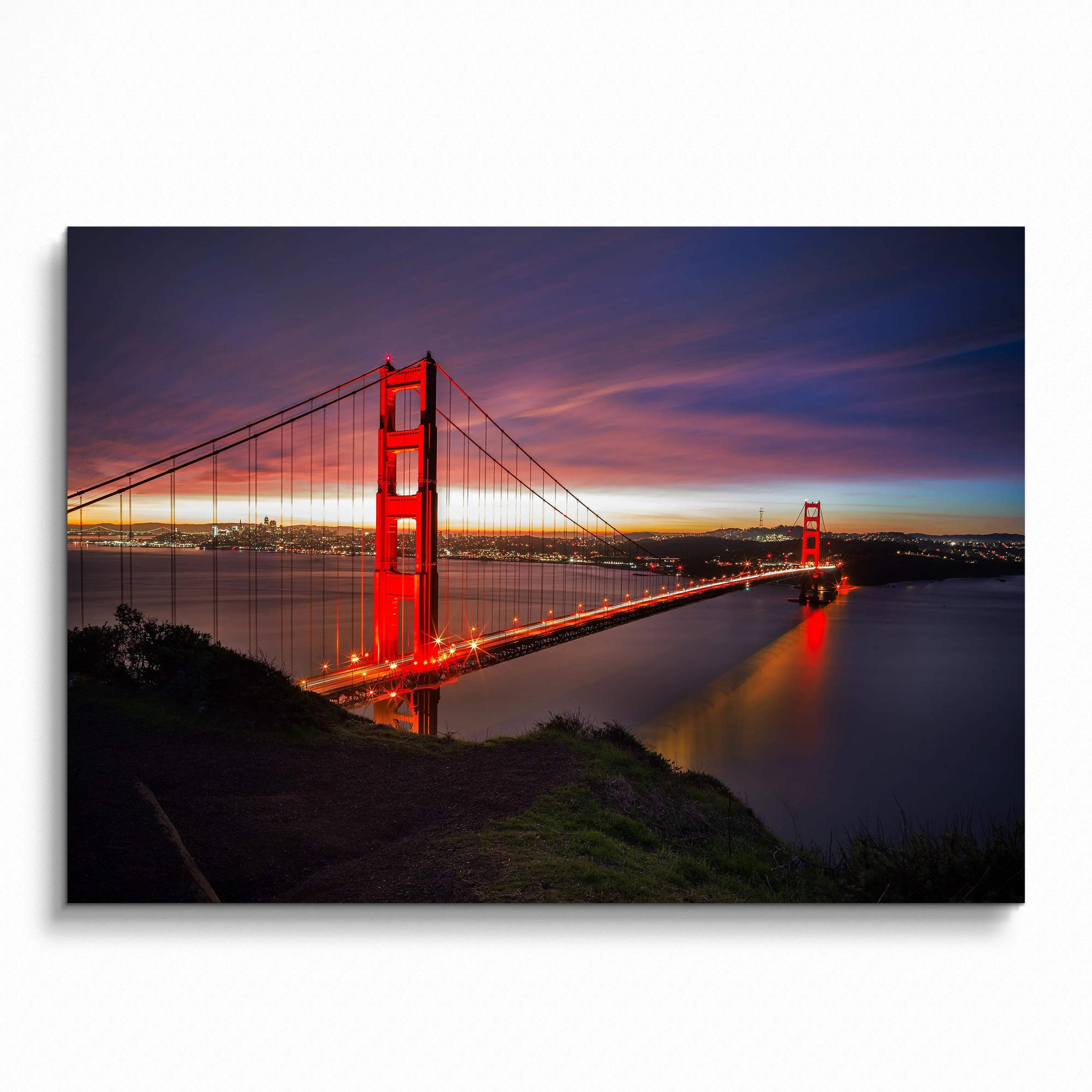 Vibrant city night wall art poster featuring illuminated Golden Gate Bridge against dusk sky.