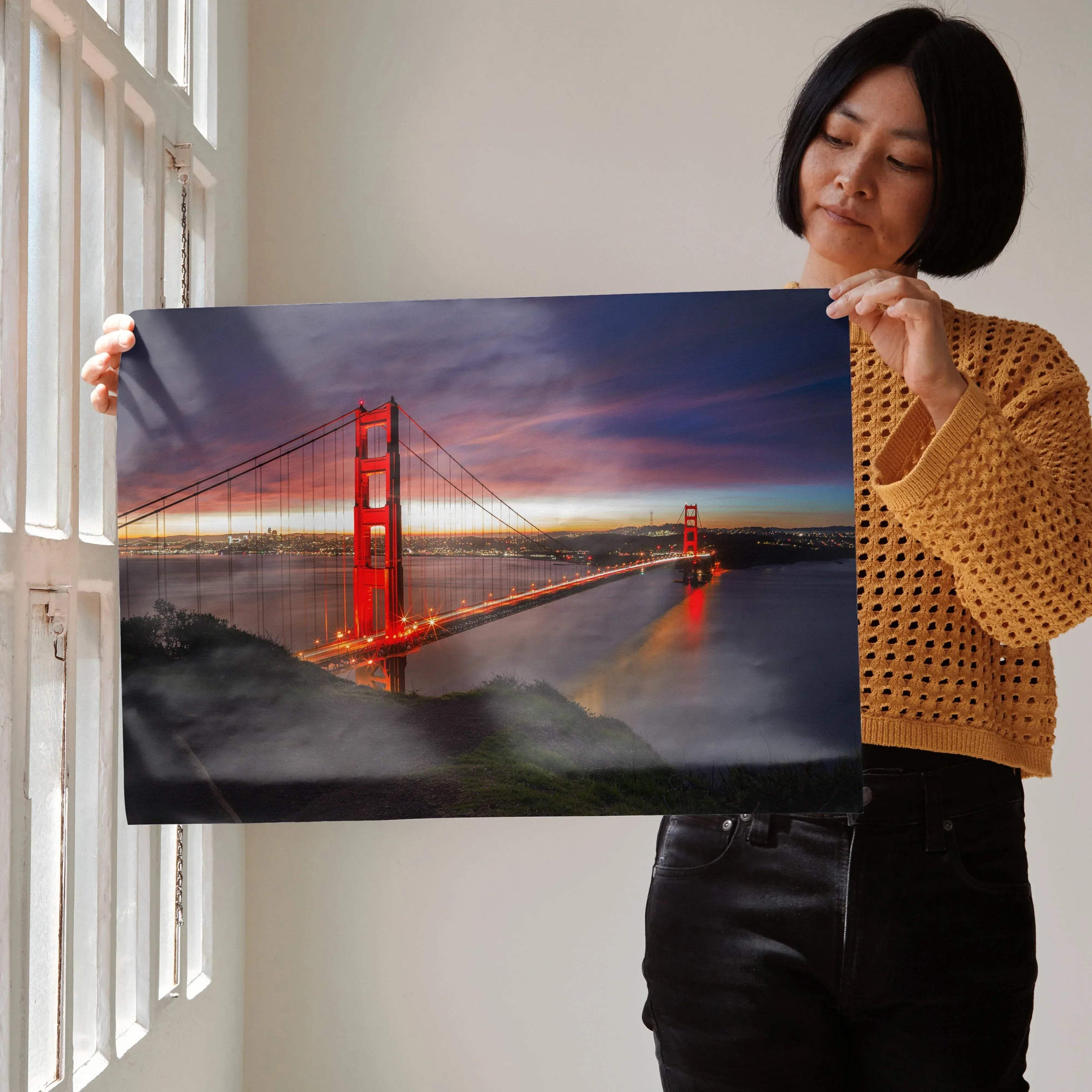 Vibrant city night poster featuring illuminated bridge and urban lights, perfect wall art and posters for cityscape lovers.