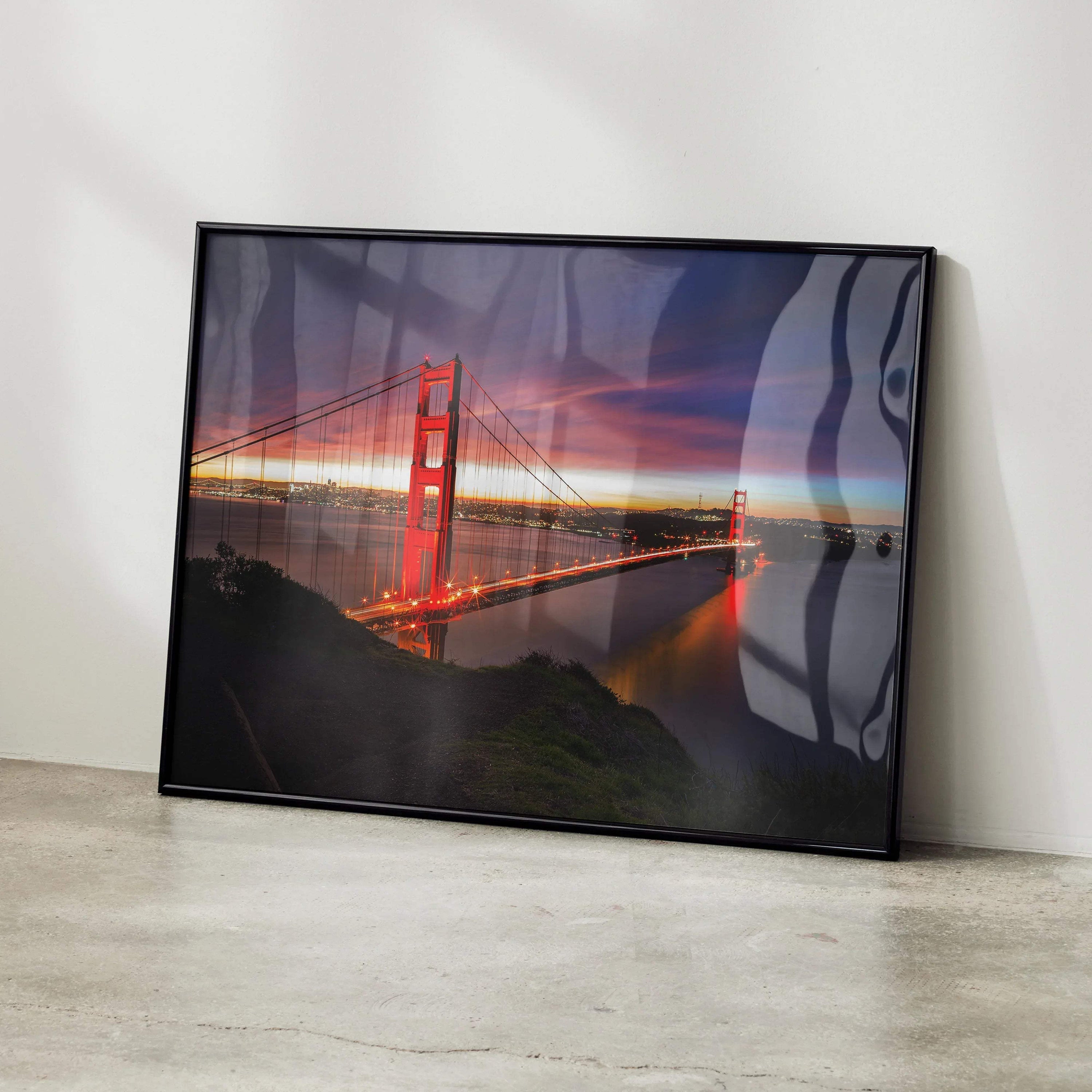 Vibrant city night poster featuring illuminated Golden Gate Bridge with glowing urban lights, framed wall art.
