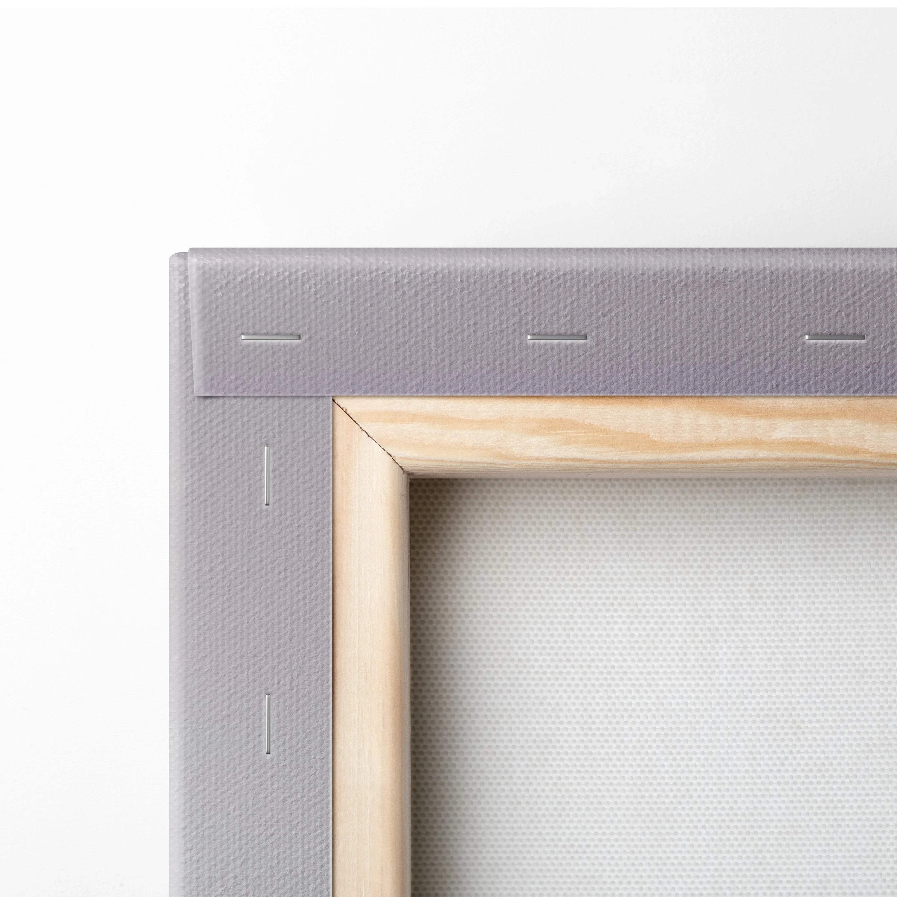 Gray canvas frame with light wood border, soft pink desert dunes art