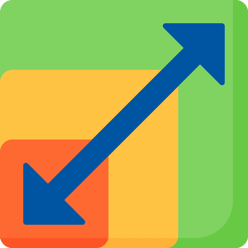 Blue diagonal arrow icon overlaying layered orange and green squares.