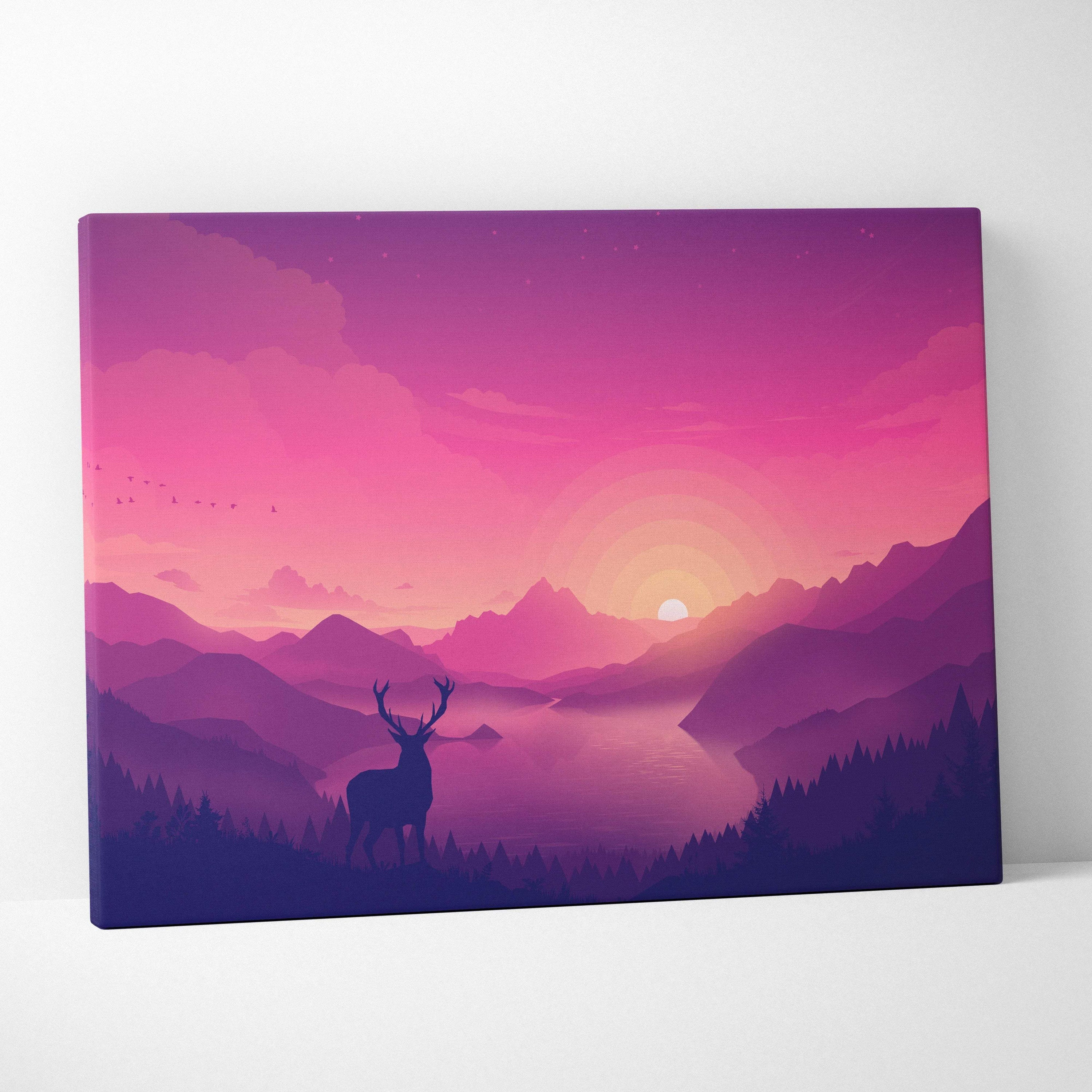 Stylized deer silhouette on ridge overlooking mountain lake sunset canvas art