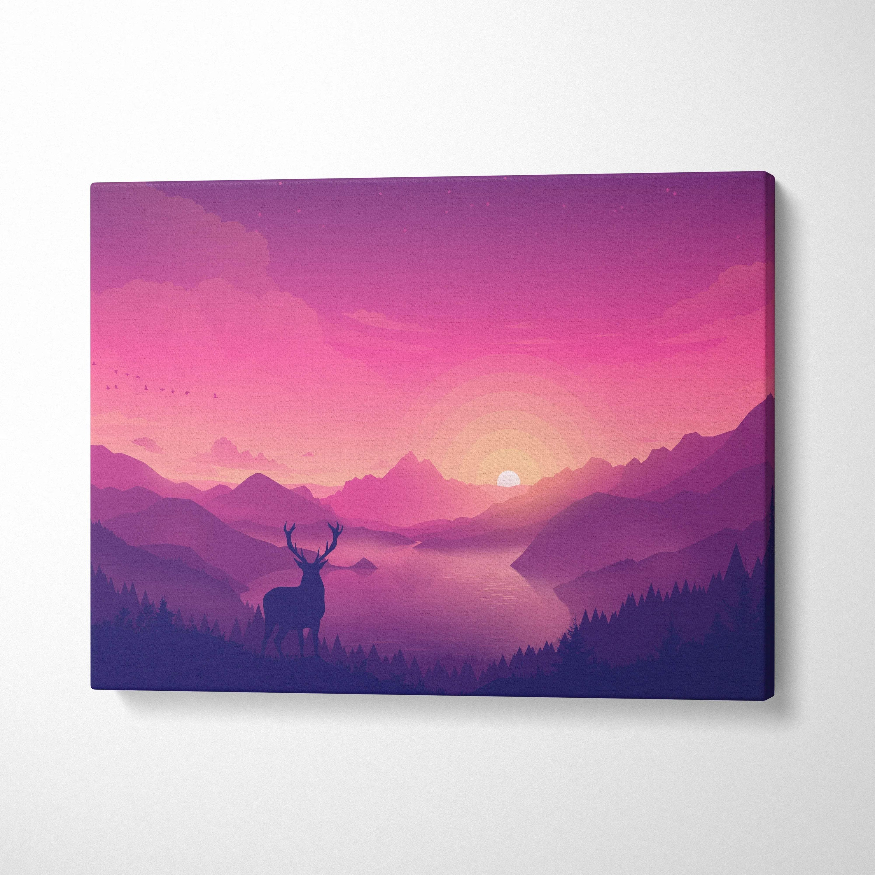 Stylized purple pink deer silhouette by mountain lake sunset canvas art