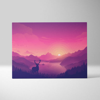 Stylized deer silhouette on ridge overlooking mountain lake sunset in pink purple canvas art