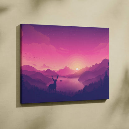 Stylized deer silhouette on ridge overlooking mountain lake sunset canvas art