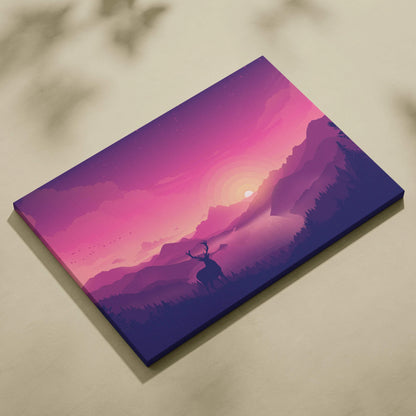 Stylized purple pink deer silhouette on mountain ridge sunset canvas art