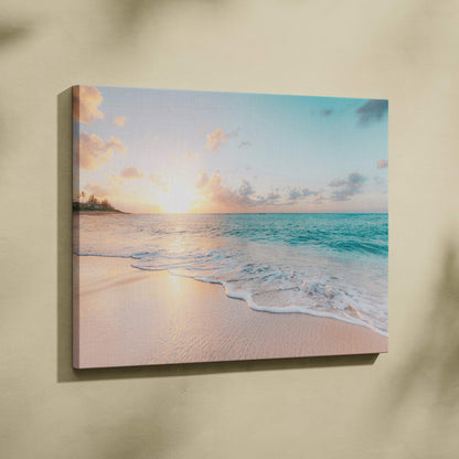 Beige canvas wall art featuring a tropical beach sunset with turquoise waves and warm golden sunlight for coastal decor
