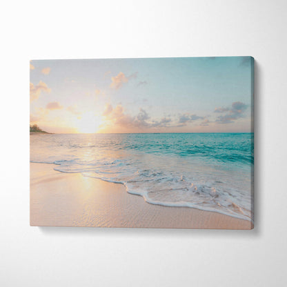 Tropical beach sunset canvas wall art print featuring a serene turquoise ocean with pink sand for coastal decor