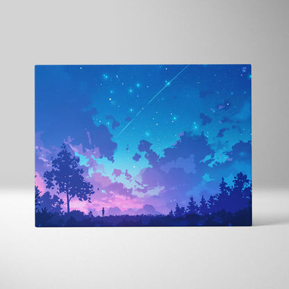 A rectangular canvas print featuring a vibrant blue and purple twilight sky with stars and silhouetted trees