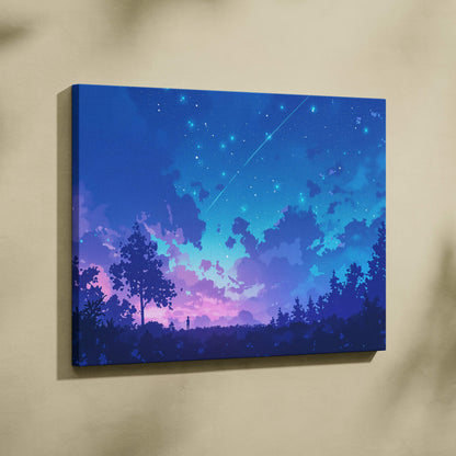 Serene anime starry night canvas print with blue and purple sky, shooting star, trees, and lone figure for bedroom decor