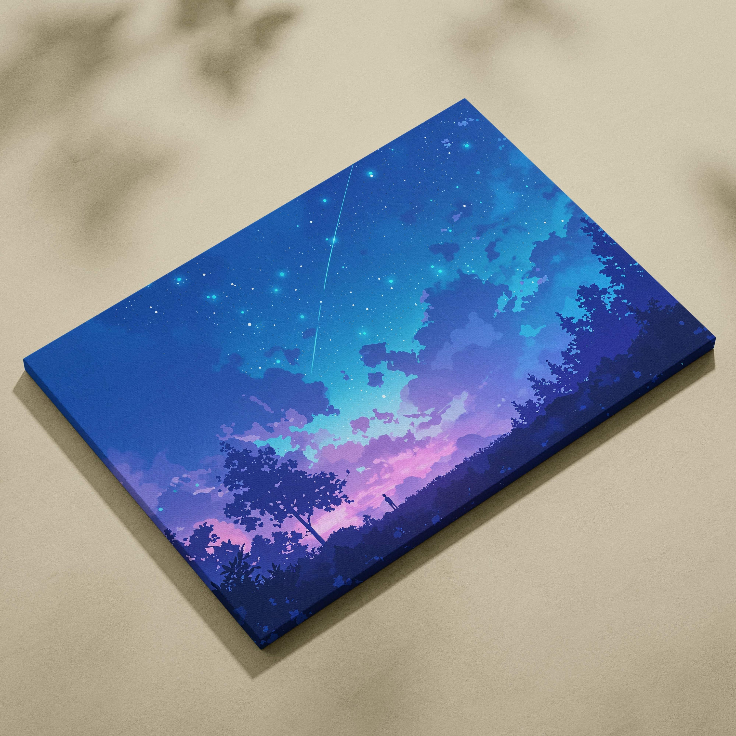Rectangular canvas wall art print featuring a blue and purple starry sky with clouds and tree silhouettes for bedroom decor