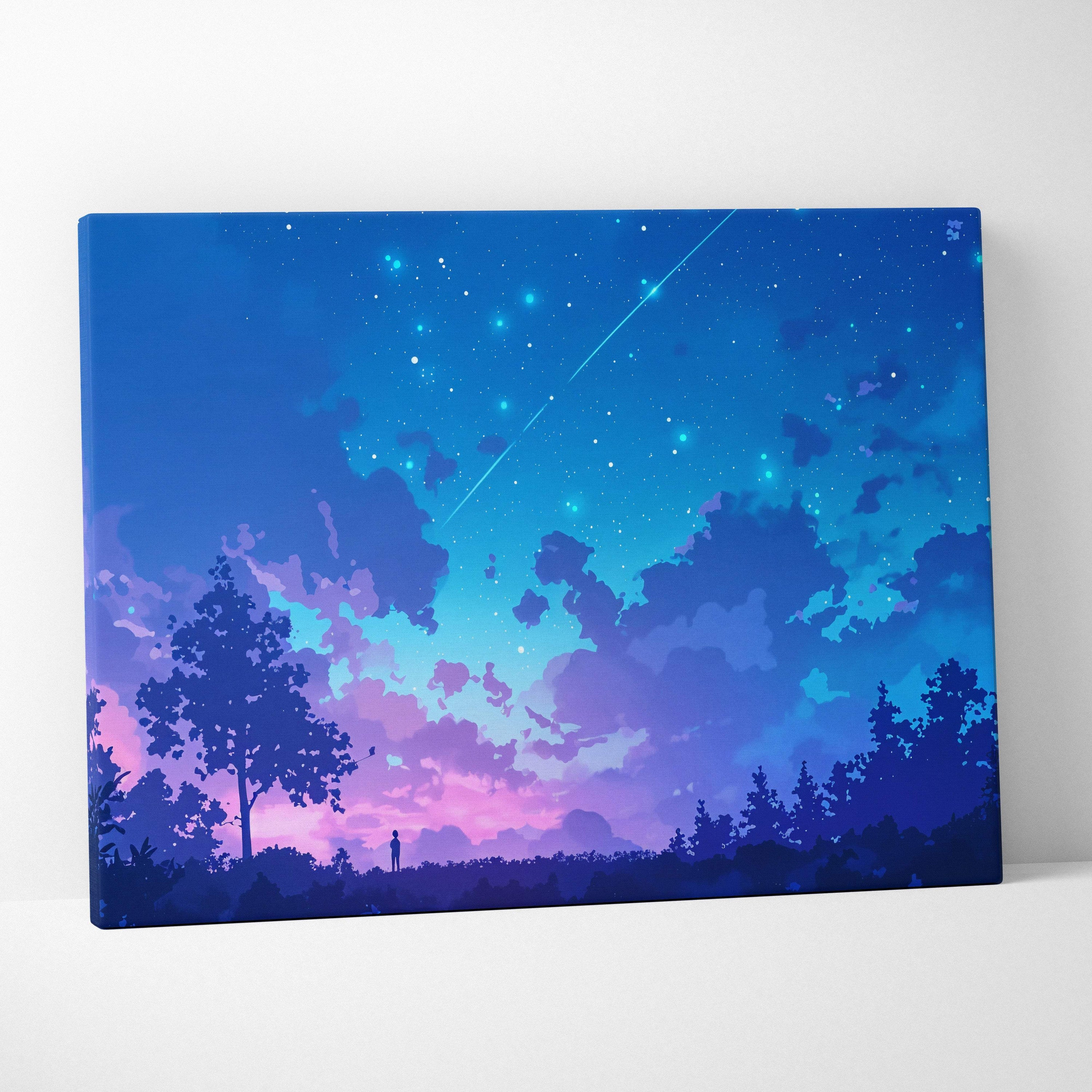 Serene anime starry night canvas print with blue and purple gradient, shooting star, silhouetted trees, and lone figure