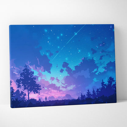 Serene anime starry night canvas print with blue and purple gradient, shooting star, silhouetted trees, and lone figure