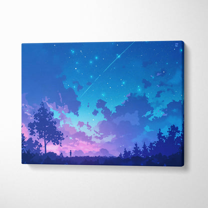 Rectangular canvas print of serene anime starry night with blue shooting star sky and purple clouds over trees for decor