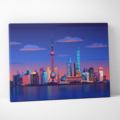 Vibrant neon-lit Shanghai skyline canvas print with Oriental Pearl Tower at dusk