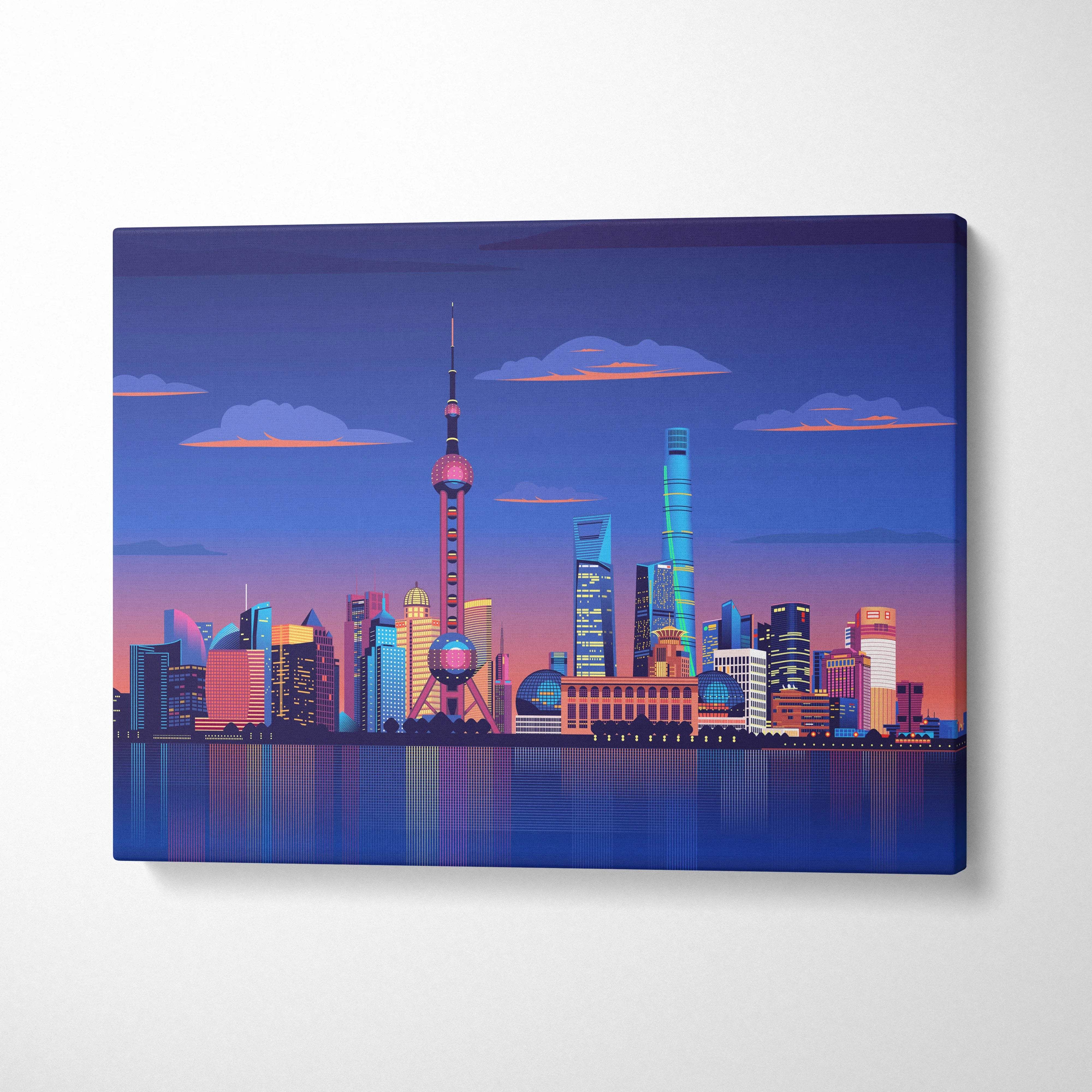 Shanghai skyline canvas print with Oriental Pearl Tower at dusk in vibrant blues and pinks