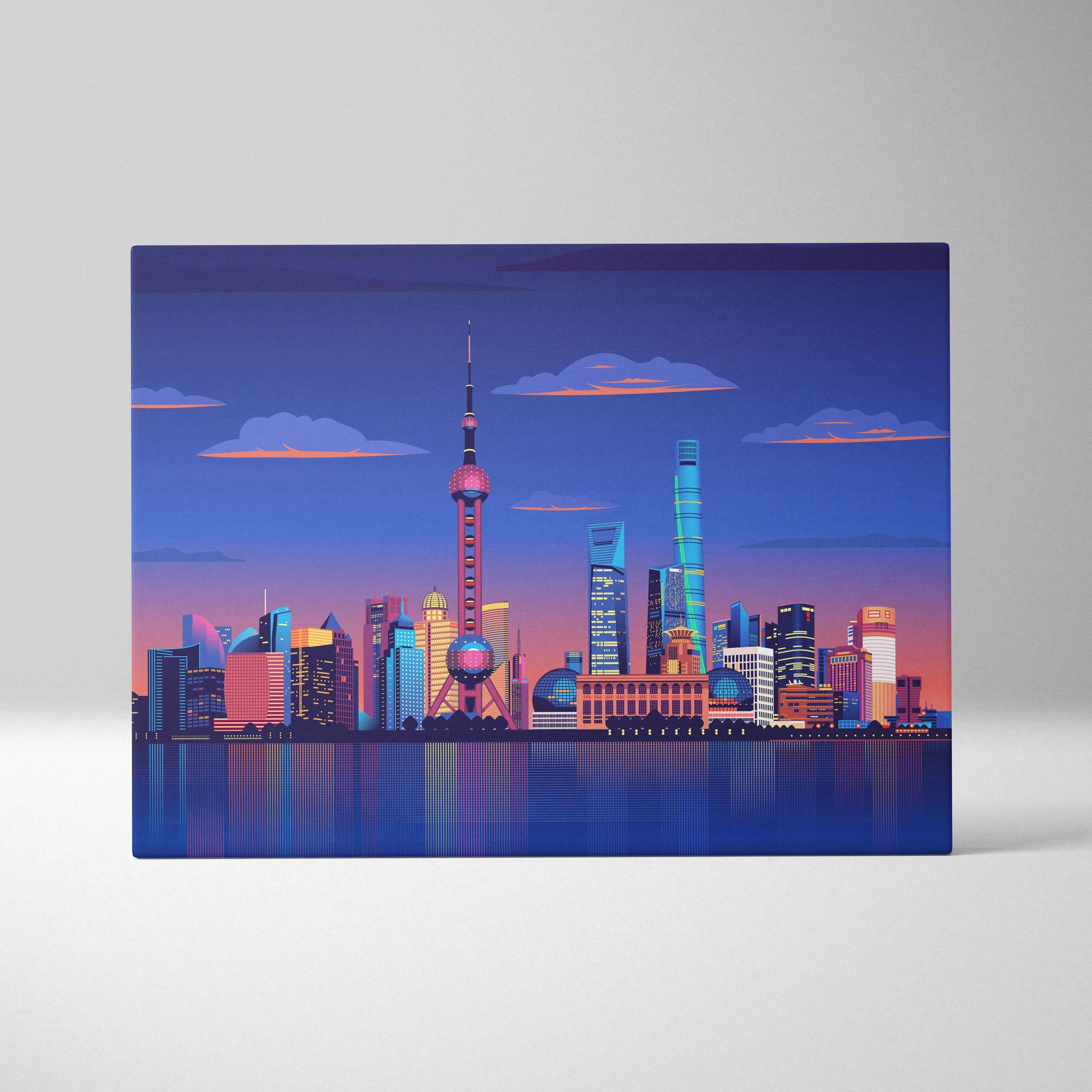 Vibrant neon-lit Shanghai skyline canvas print with Oriental Pearl Tower at dusk