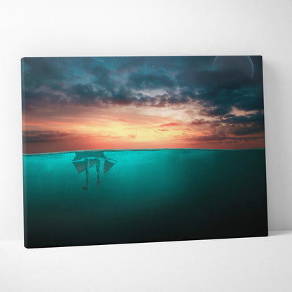 Surreal upside down sailing ship silhouette in ocean sunset canvas art
