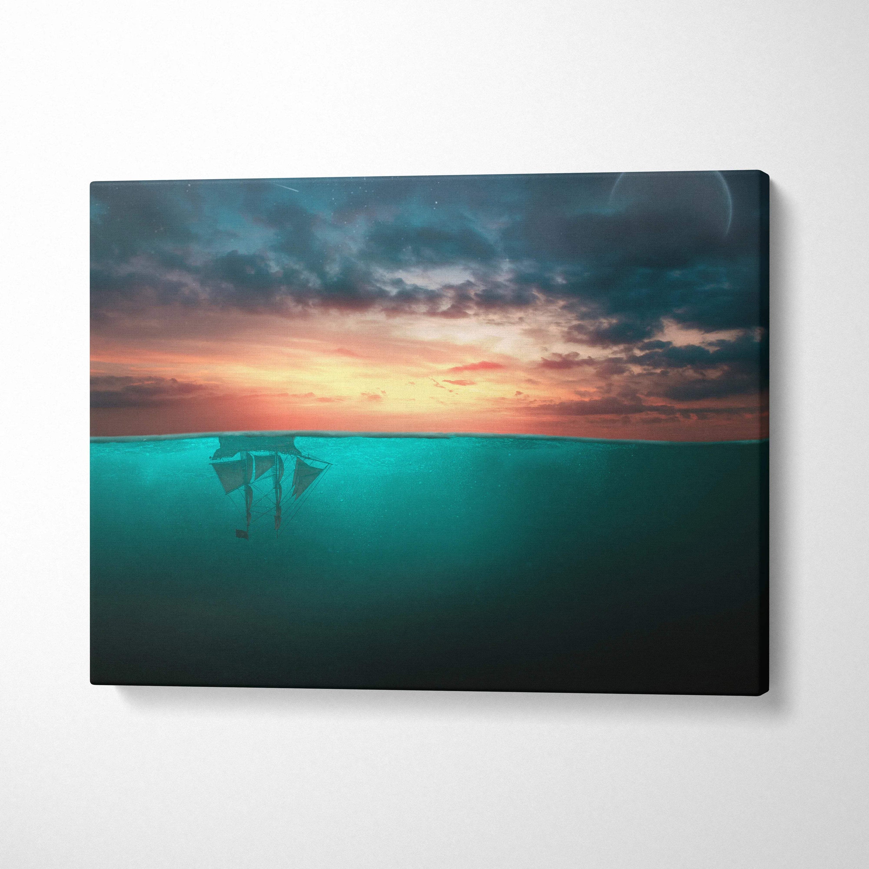 Surreal upside down sailboat silhouette in orange teal sunset canvas art