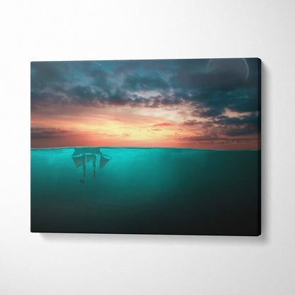 Surreal upside down sailboat silhouette in orange teal sunset canvas art