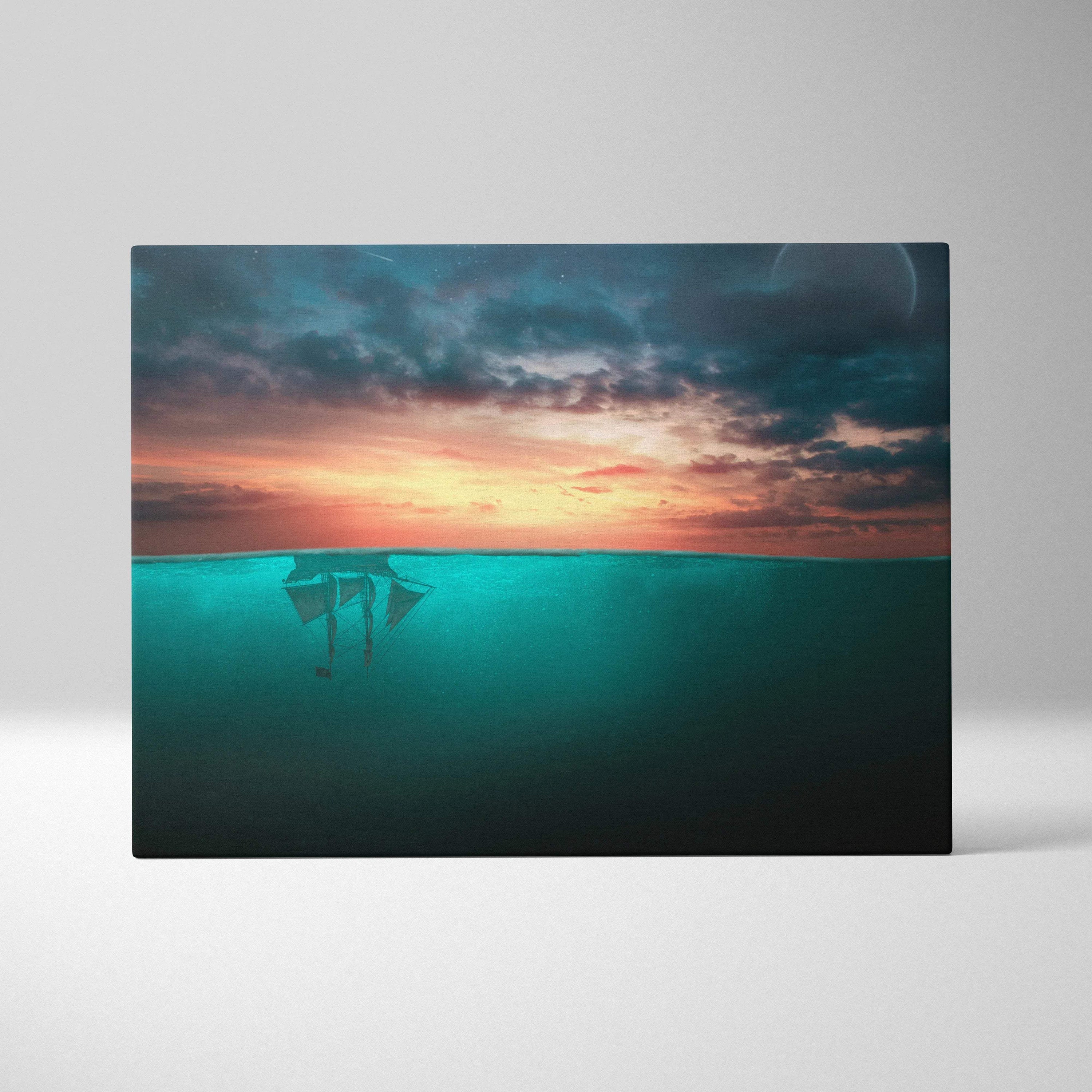 Surreal upside down sailing ship in ocean sunset canvas print