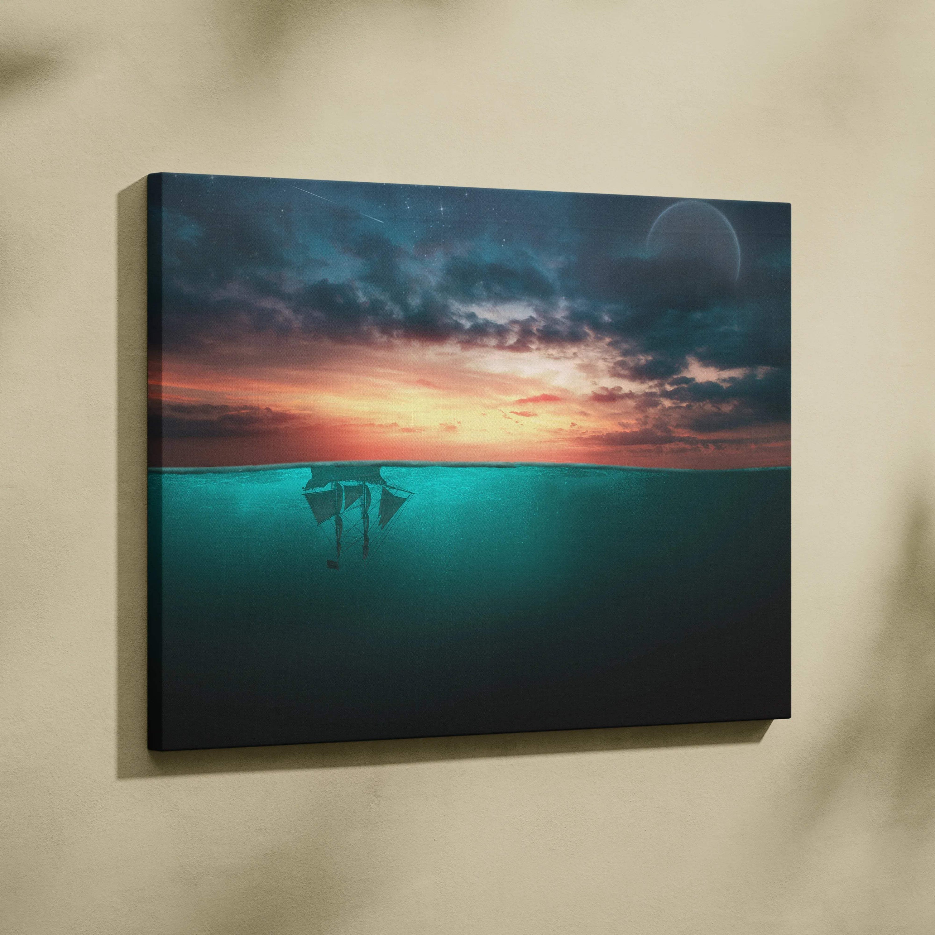 Surreal upside down ship under ocean sunset canvas wall art