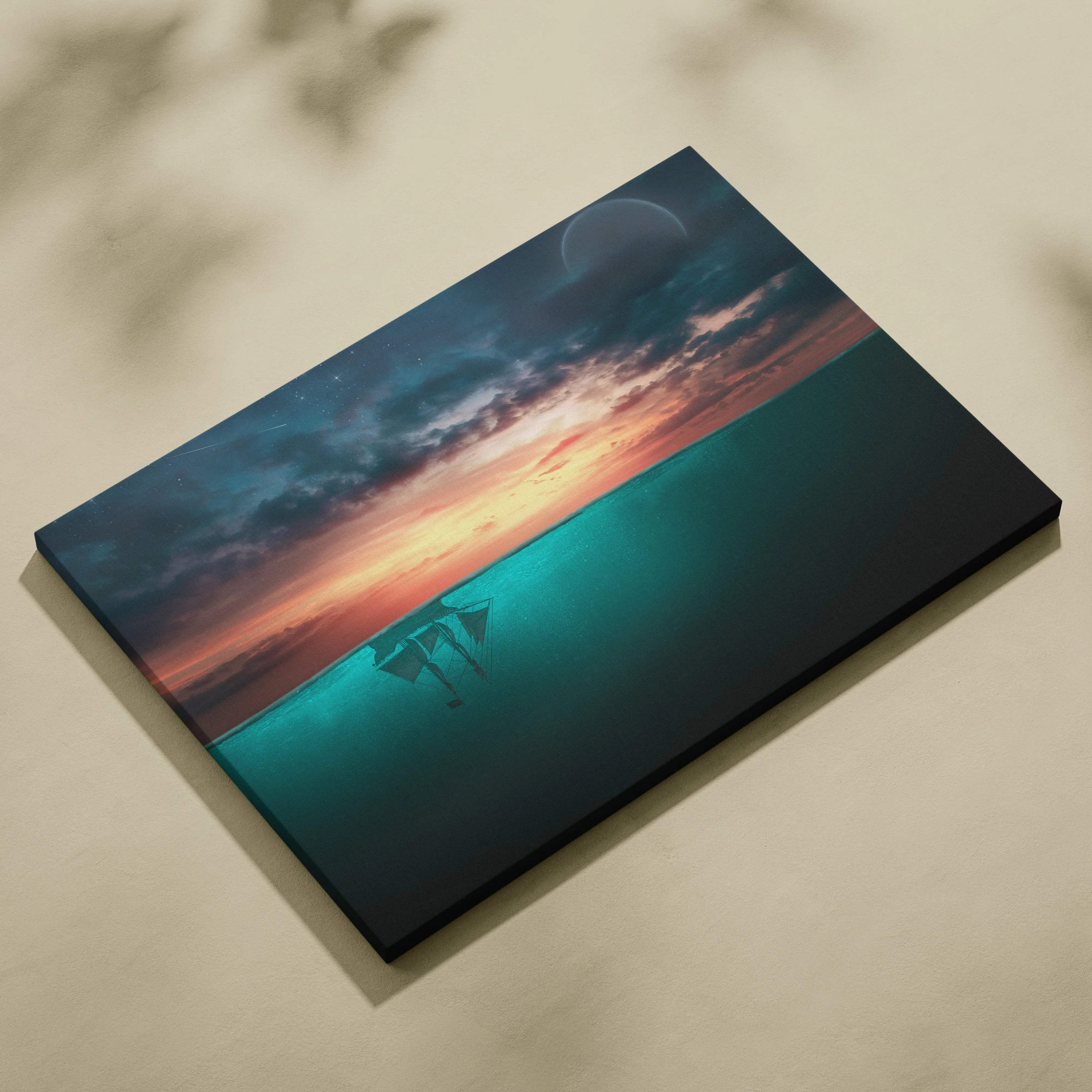 Surreal upside down sailing ship sunset canvas print in teal orange gold