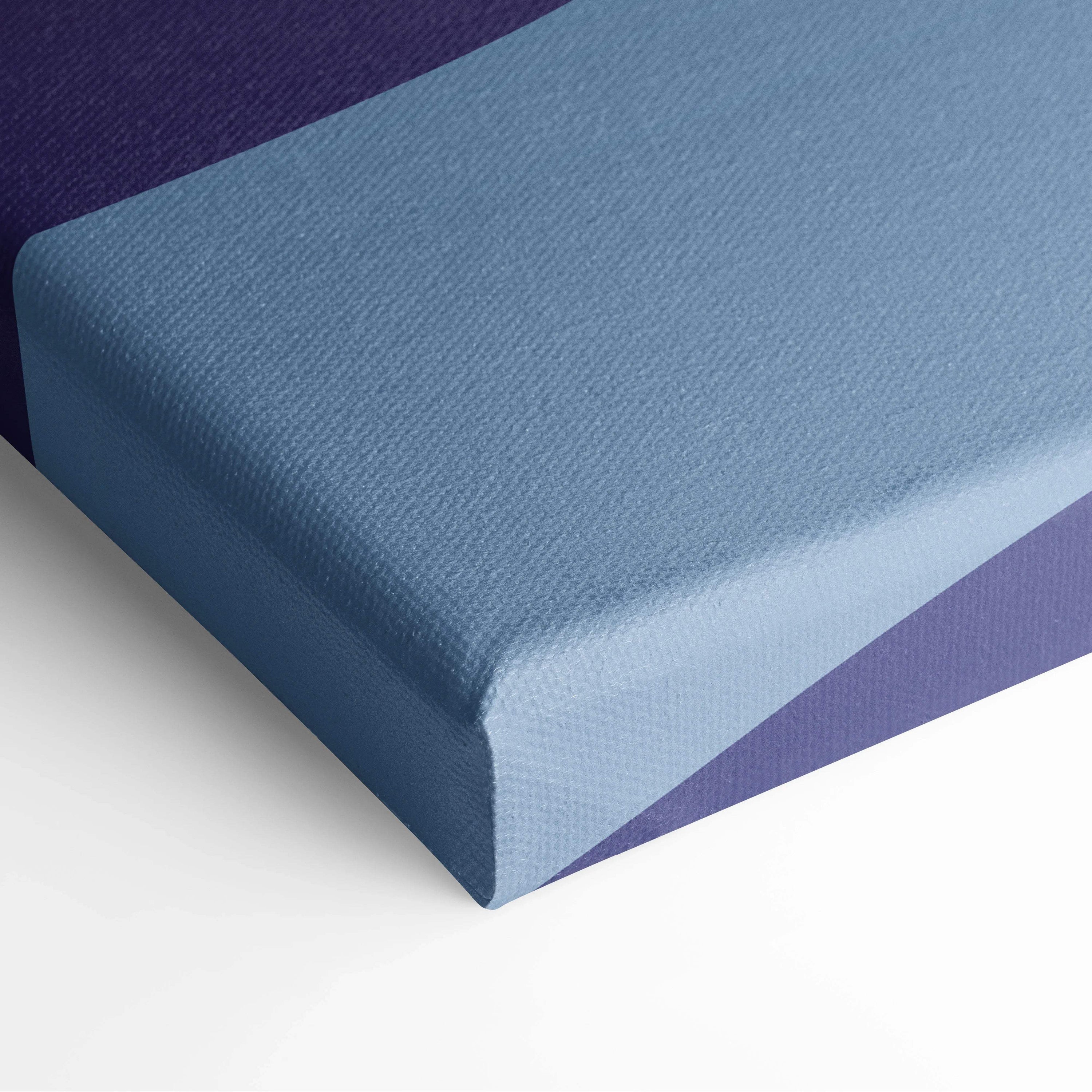 Minimalist sailboat on serene mountain lake in soft blues on textured blue canvas with purple border