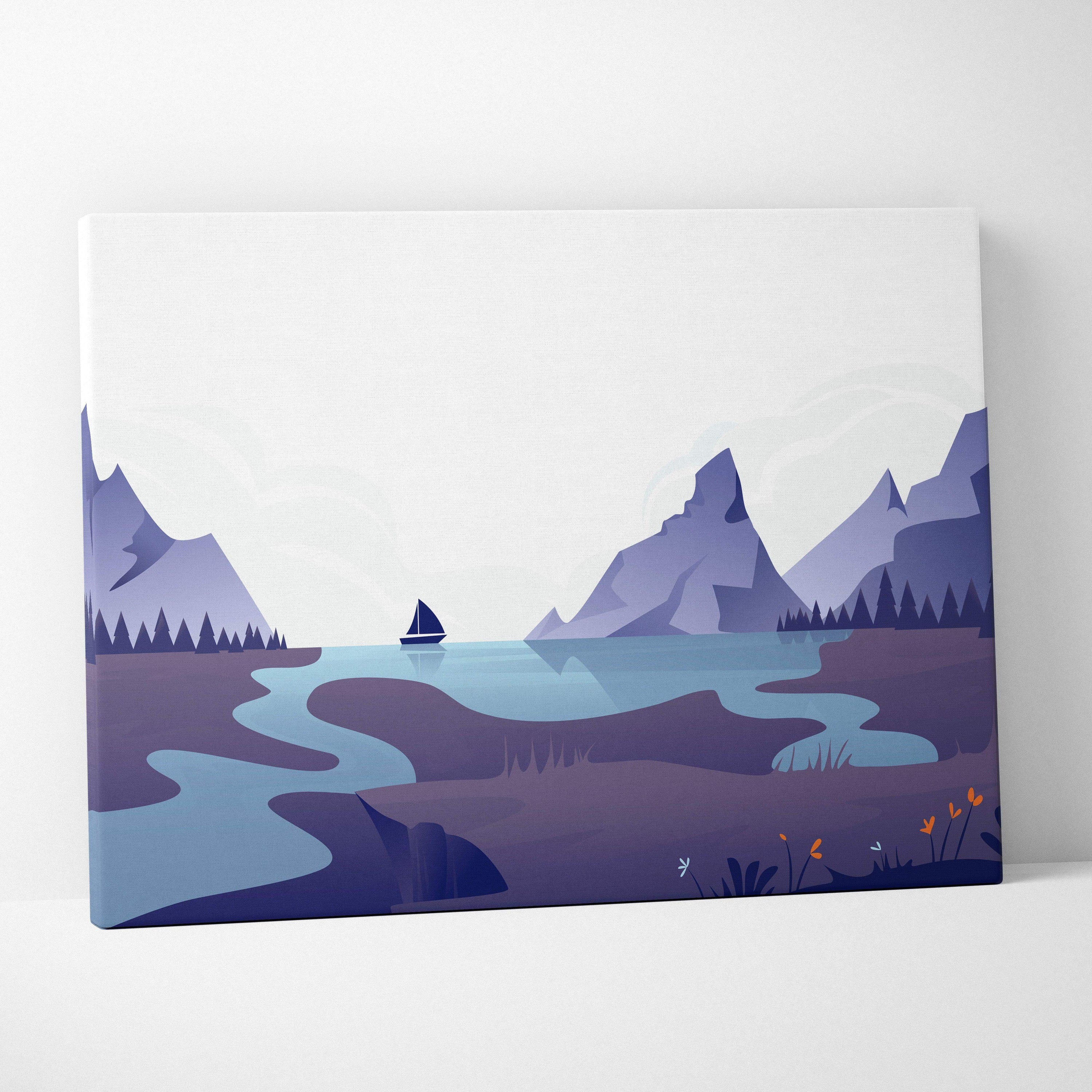 Minimalist purple blue sailboat on serene mountain lake canvas art