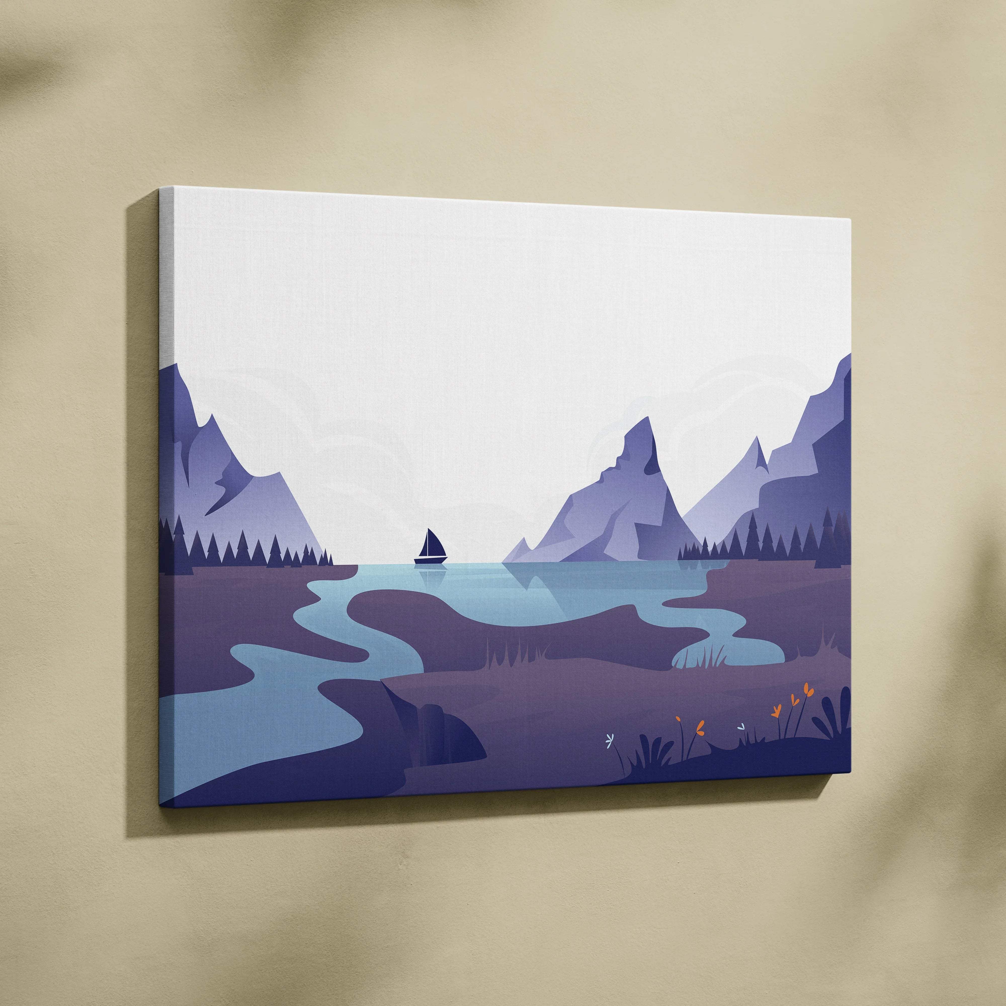 Minimalist purple blue sailboat on serene mountain lake canvas art