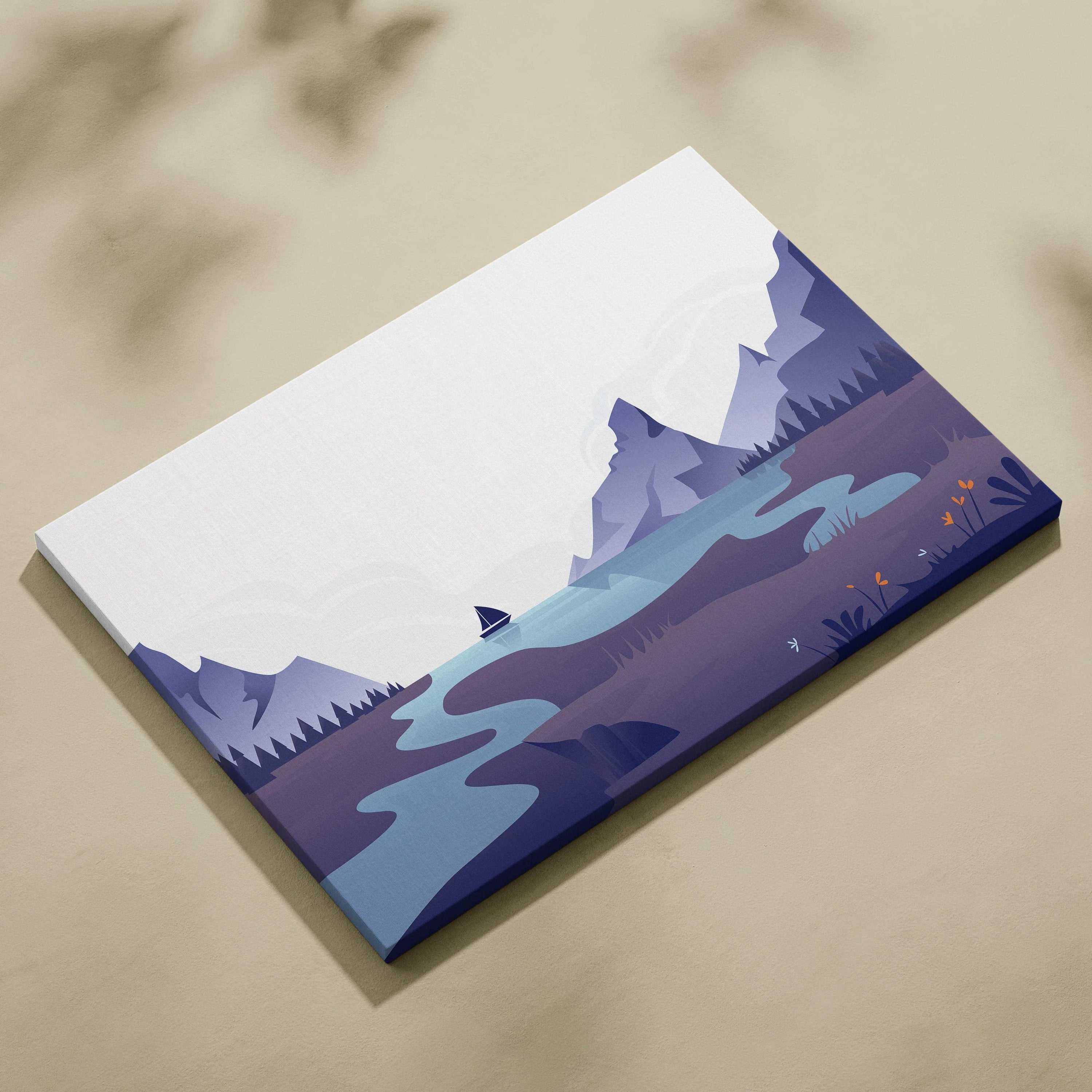 Minimalist sailboat on serene mountain lake with blue rivers, purple peaks, orange flowers canvas print