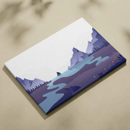 Minimalist sailboat on serene mountain lake with blue rivers, purple peaks, orange flowers canvas print