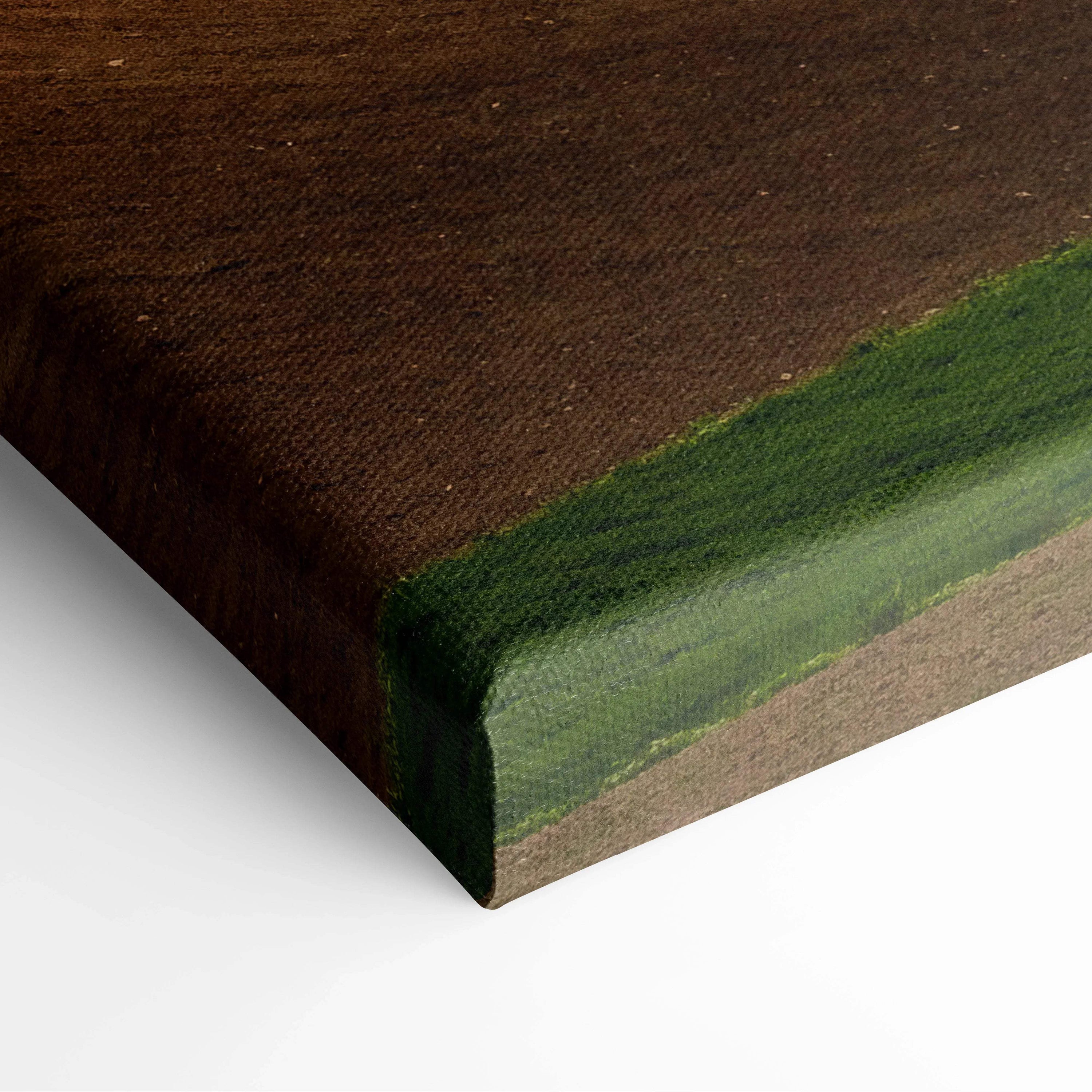 Textured brown and green canvas print of sunlit valleys under stormy mountains