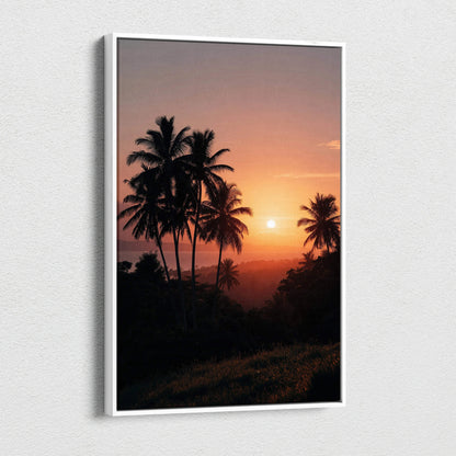 Vertical canvas wall art featuring a beach sunset with silhouetted palm trees against an orange sky.